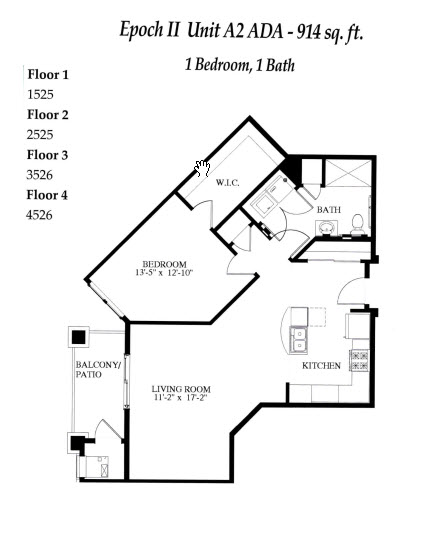 Floor plan for 1 bed, 1 bath, 914 sqft