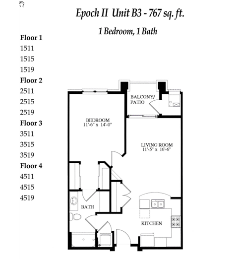 Floor plan for 1 bed, 1 bath, 767 sqft