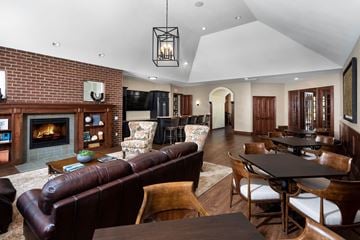 Brookfield apartment for rent - a living room with a leather couch and a fireplace