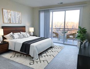 Brookfield apartment for rent - a bedroom with a bed and a sliding glass door