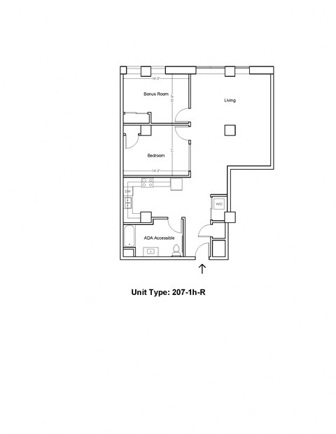 Floor plan for 1 bed, 1 bath, 1003 sqft