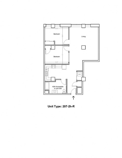 Floor plan for 2 beds, 1 bath, 1258 sqft
