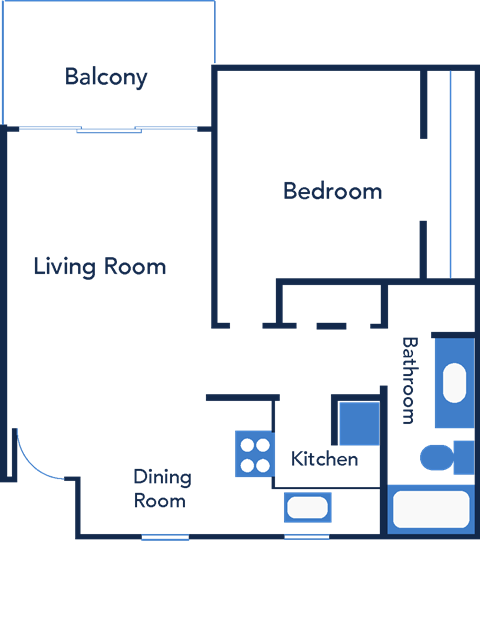 Floor plan for 1 bed, 1 bath, 627 sqft