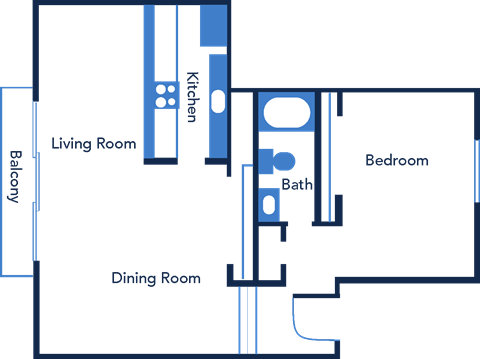Floor plan for 1 bed, 1 bath, 717 sqft