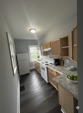 Buffalo apartment for rent - A kitchen with wooden cabinets and a granite countertop.