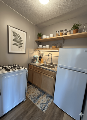 Buffalo apartment for rent - A kitchen with a white refrigerator, a white stove, and a white dishwasher.