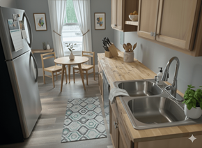 Buffalo apartment for rent - A kitchen with a refrigerator, sink, and table.