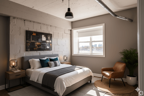 Buffalo apartment for rent - A bedroom with a large bed and a chair.