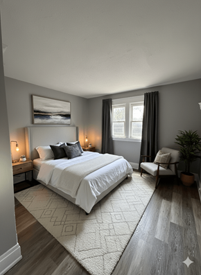 Buffalo apartment for rent - A bedroom with a large bed and a painting on the wall.