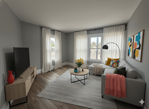 Buffalo apartment for rent - A living room with a grey couch, a red vase, a television, a coffee table, and a window with curtains.