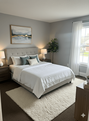 North Buffalo apartment for rent - A bedroom with a large bed and a painting on the wall.