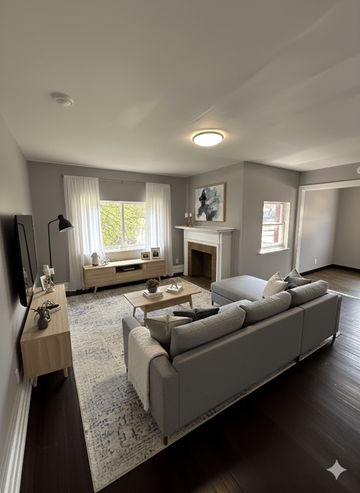 Buffalo apartment for rent - A living room with a grey couch and a fireplace.