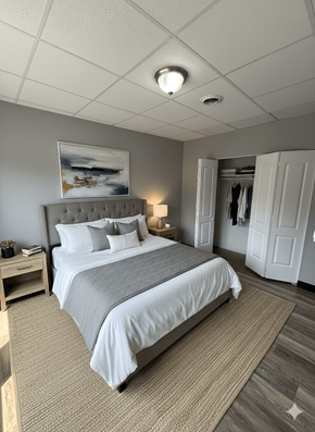 Buffalo apartment for rent - A bedroom with a large bed and a painting on the wall.