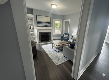 Buffalo apartment for rent - A modern living room with a fireplace and a painting on the wall.