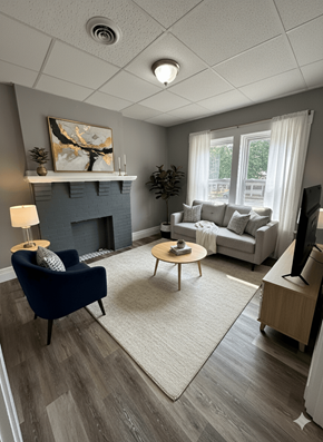 Buffalo apartment for rent - A living room with a blue armchair, a grey couch, a fireplace, and a painting on the wall.