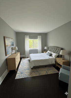 Buffalo apartment for rent - A bedroom with a large bed and a window with curtains.