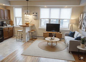 Buffalo apartment for rent - A living room with a television, a coffee table, and a rug.