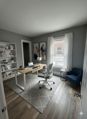Buffalo apartment for rent - A room with a desk, chair, and bookshelf.