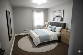 Buffalo apartment for rent - A bedroom with a large bed and a painting on the wall.