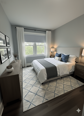 Buffalo apartment for rent - A bedroom with a large bed and a window with white curtains.