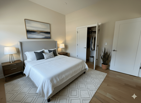 Buffalo apartment for rent - A bedroom with a large bed and a painting on the wall.
