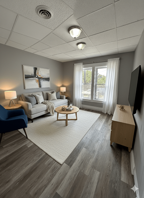 Buffalo apartment for rent - A living room with a grey couch, a wooden coffee table, and a flat screen TV.