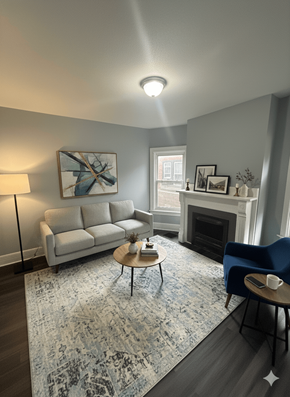 Buffalo apartment for rent - A living room with a white couch, a blue chair, a coffee table, and a fireplace.