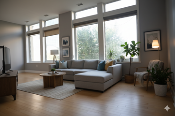 Buffalo apartment for rent - A living room with a white couch and a wooden coffee table.