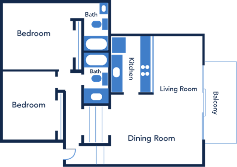 Floor plan for 2 beds, 2 baths, 884 sqft