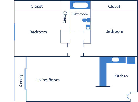 Floor plan for 2 beds, 1 bath, 854 sqft