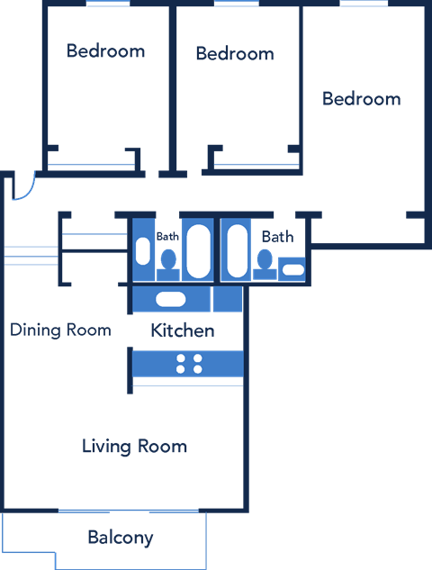 Floor plan for 3 beds, 2 baths, 1148 sqft