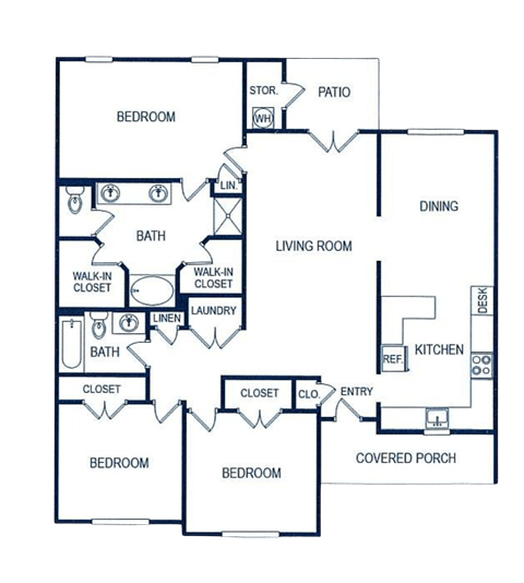 Floor plan for 3 beds, 2 baths, 2154 sqft