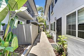 Fullerton apartment for rent - A concrete pathway leads between two rows of plants and a white building with black screen doors.