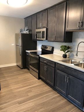 Lisle apartment for rent - Slate/Shaker Cabinetry, Subway Tile Backsplash & Stainless Steel Appliances