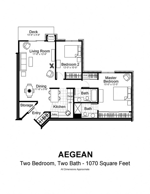 Floor plan for 2 beds, 1.8 baths, 1070 sqft