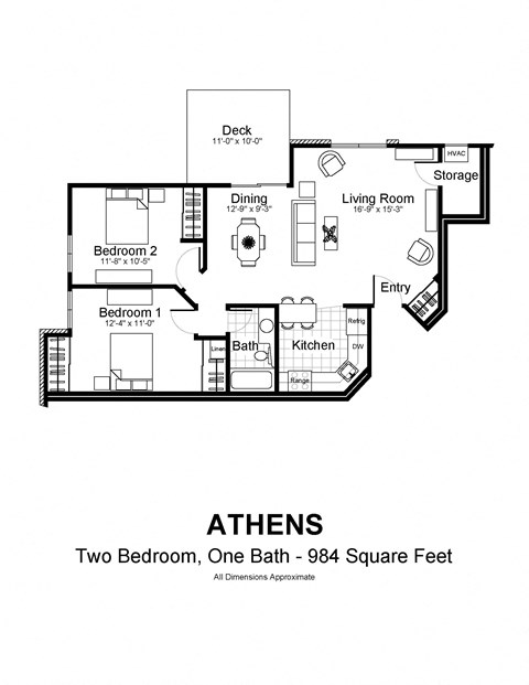 Floor plan for 2 beds, 1 bath, 984 sqft