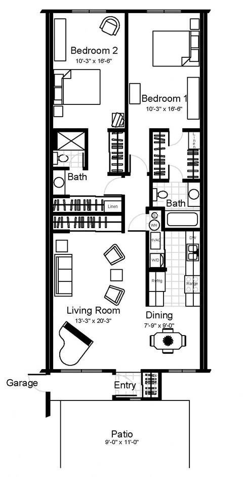 Floor plan for 2 beds, 1.8 baths, 1172 sqft