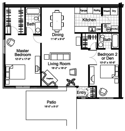 Floor plan for 2 beds, 2 baths, 1180 sqft