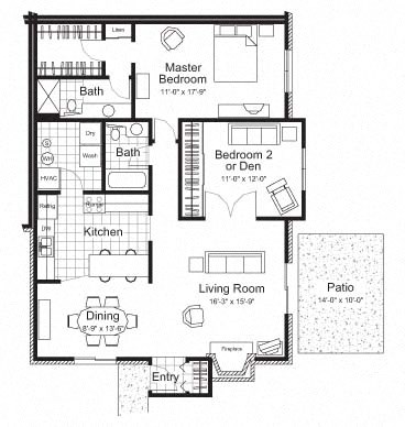 Floor plan for 2 beds, 1.8 baths, 1256 sqft