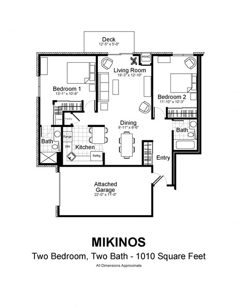 Floor plan for 2 beds, 1.8 baths, 1010 sqft