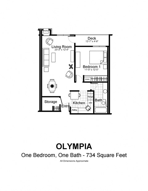 Floor plan for 1 bed, 1 bath, 734 sqft