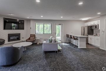 Eden Prairie apartment for rent - A modern living room with a grey carpet and a fireplace.
