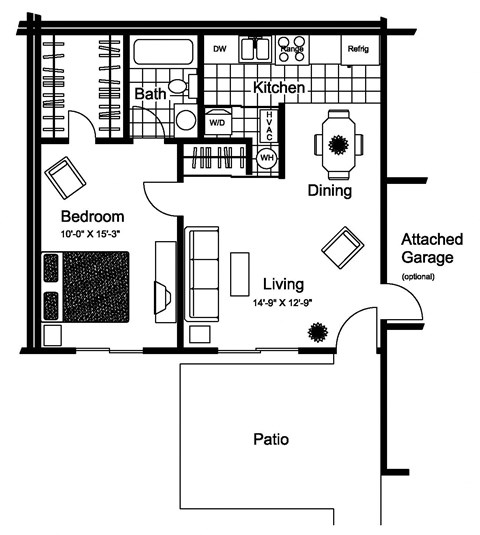 Floor plan for 1 bed, 1 bath, 624 sqft