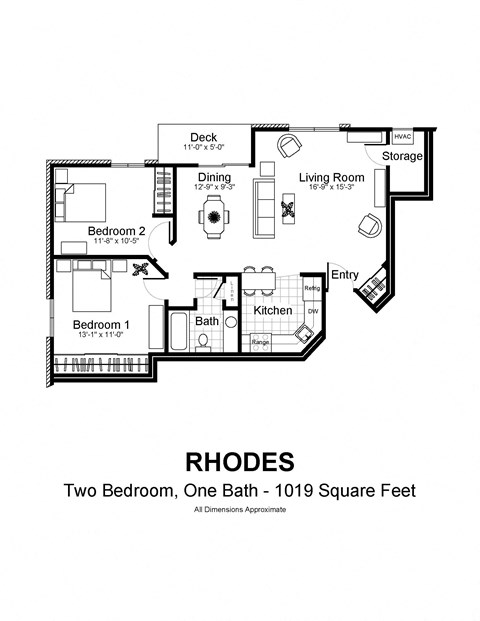 Floor plan for 2 beds, 1 bath, 1019 sqft