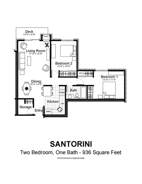 Floor plan for 2 beds, 1 bath, 936 sqft
