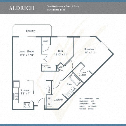 Floor plan for 1 bed, 1 bath, 945 sqft