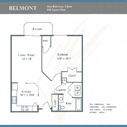 Floor plan for 1 bed, 1 bath, 840 sqft
