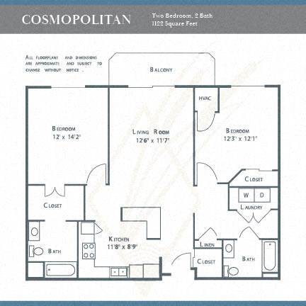 Floor plan for 2 beds, 2 baths, 1122 sqft