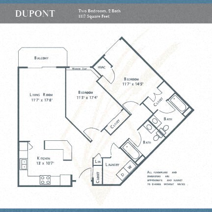 Floor plan for 2 beds, 2 baths, 1117 sqft
