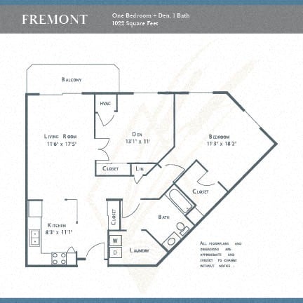 Floor plan for 1 bed, 1 bath, 1022 sqft